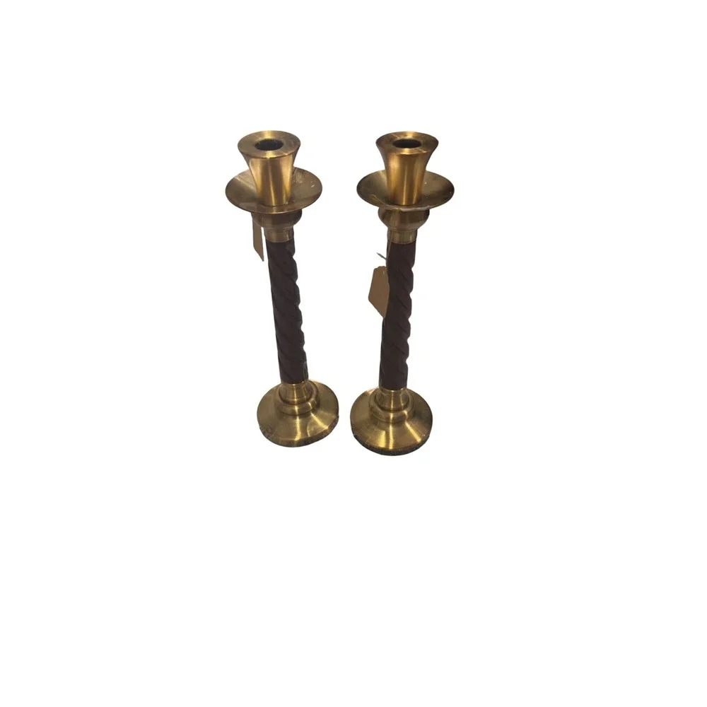 Vintage Brass and Barley Twist Wood Taper Candlestick Holders Pair 9 Inch